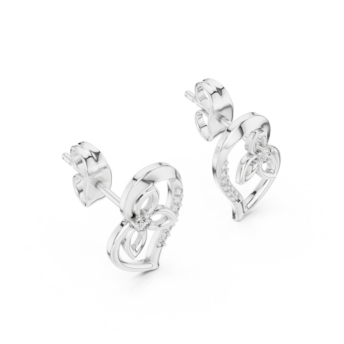 Eternal Heart Floral Diamond Stud Earrings with Round Moissanite Diamonds - View 7