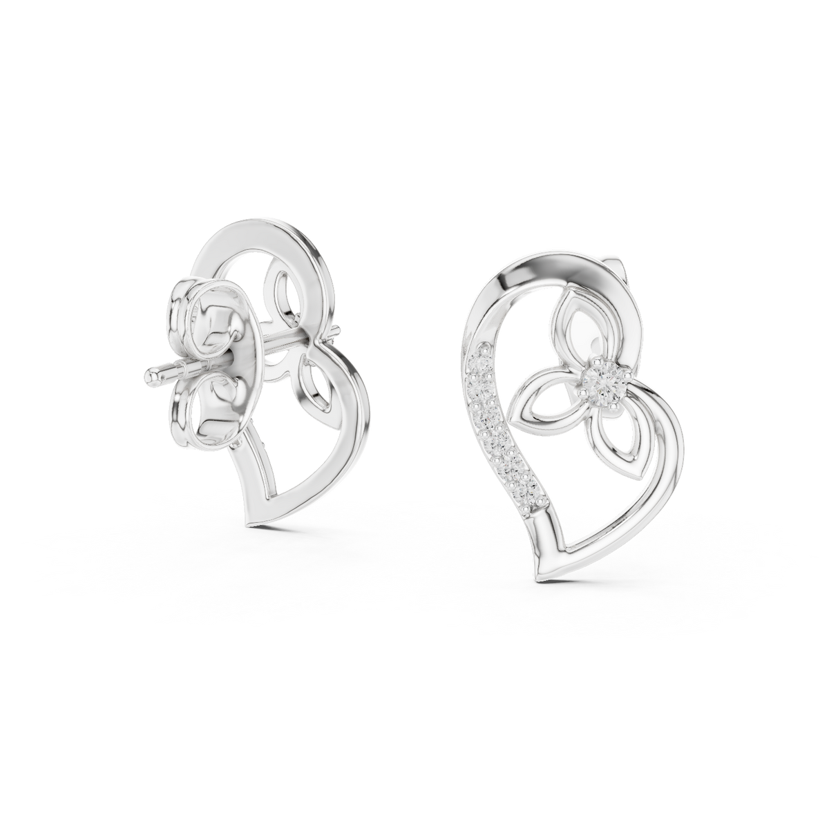 Eternal Heart Floral Diamond Stud Earrings with Round Moissanite Diamonds - View 4
