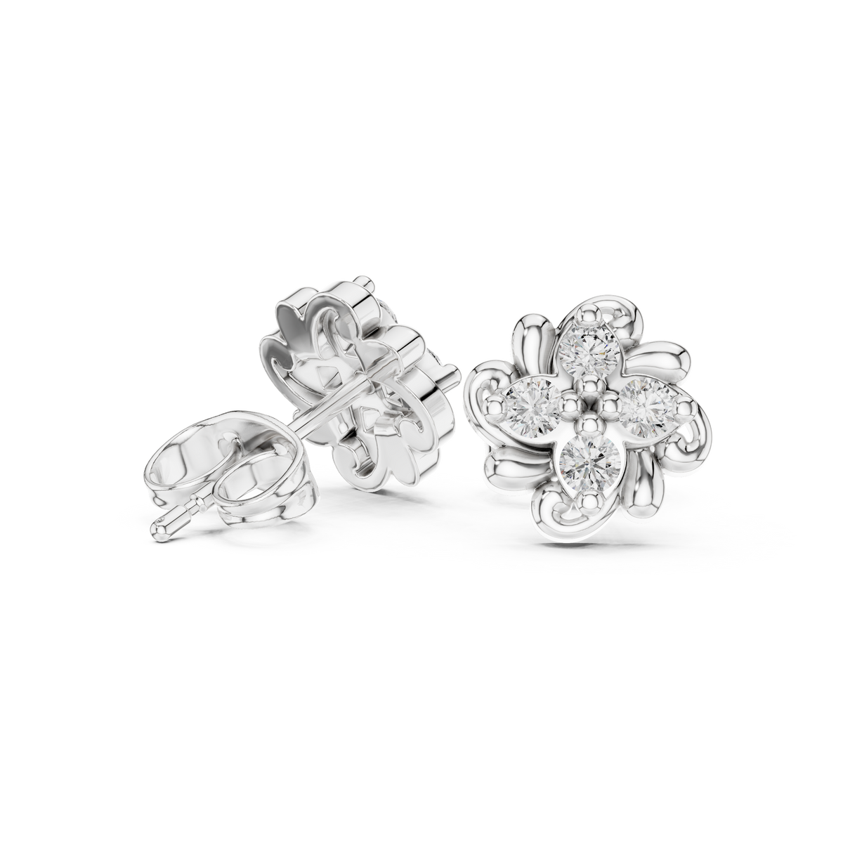Blossom Floral Stud Earrings Crafted in with Round Brilliant Moissanite Diamonds - View 7