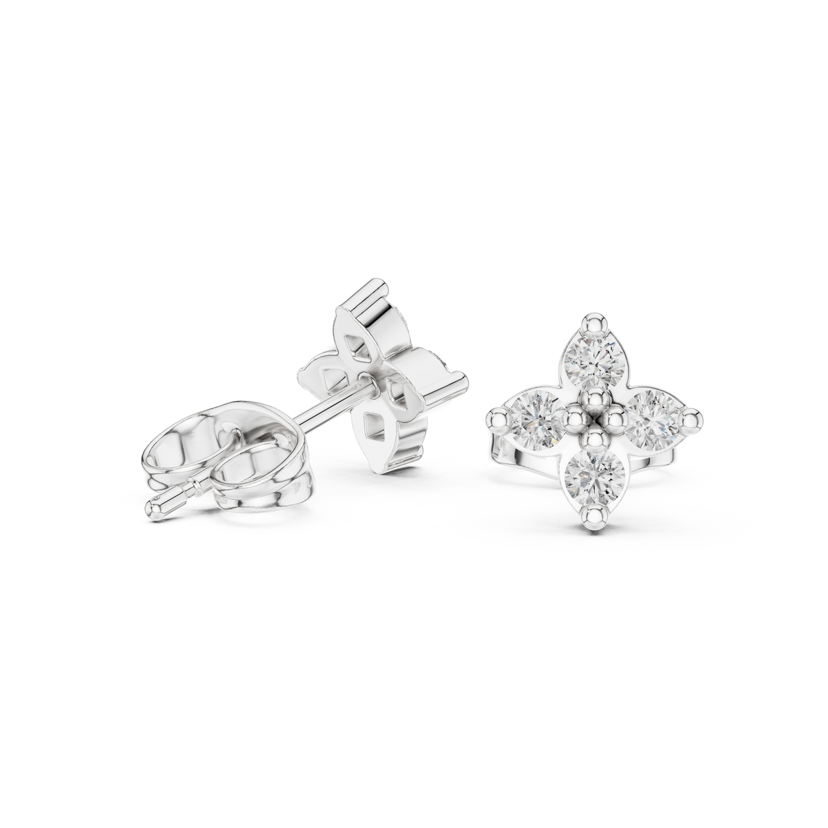 Classic Clover Round Lab Diamond Stud Earrings with Four Petal Cut Design - View 7