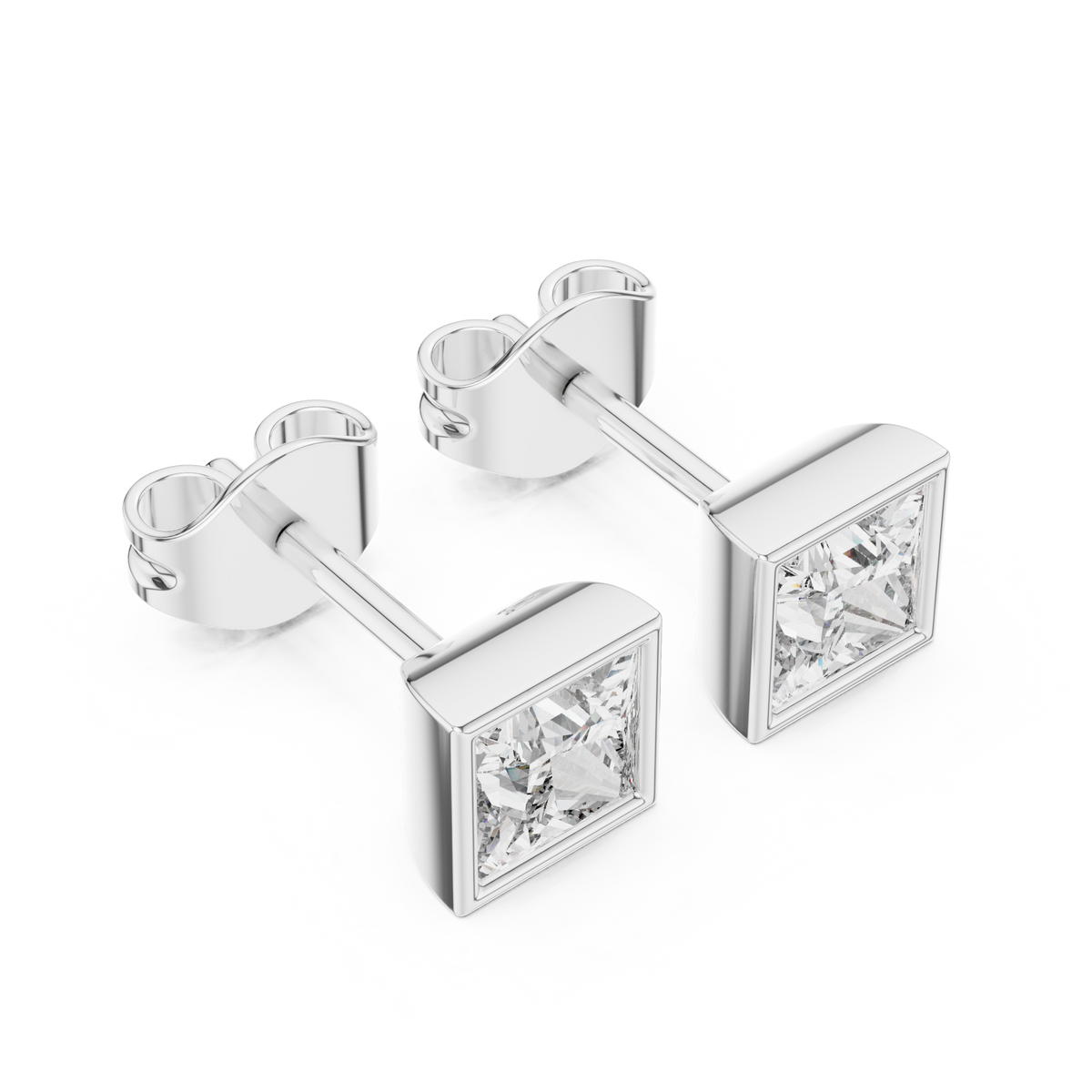 Princess Cut Moissanite Diamond Square Solitaire Stud Earrings with Bezel - View 7