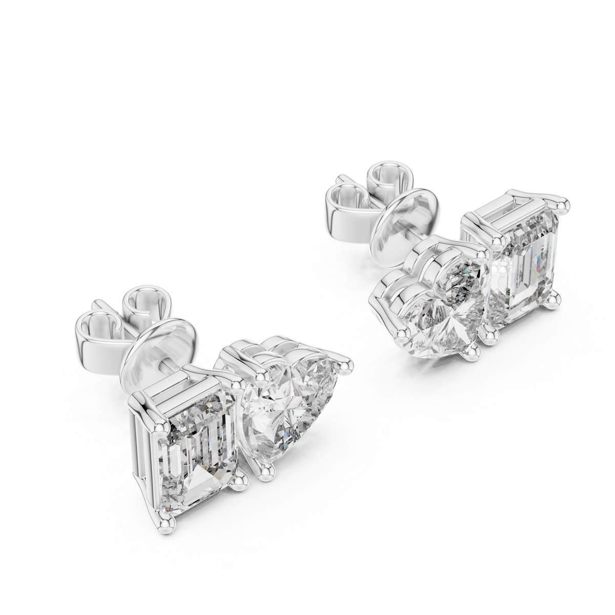 Dual Spark Heart & Emerald Cut Moissanite Diamond Stud Earrings - View 7