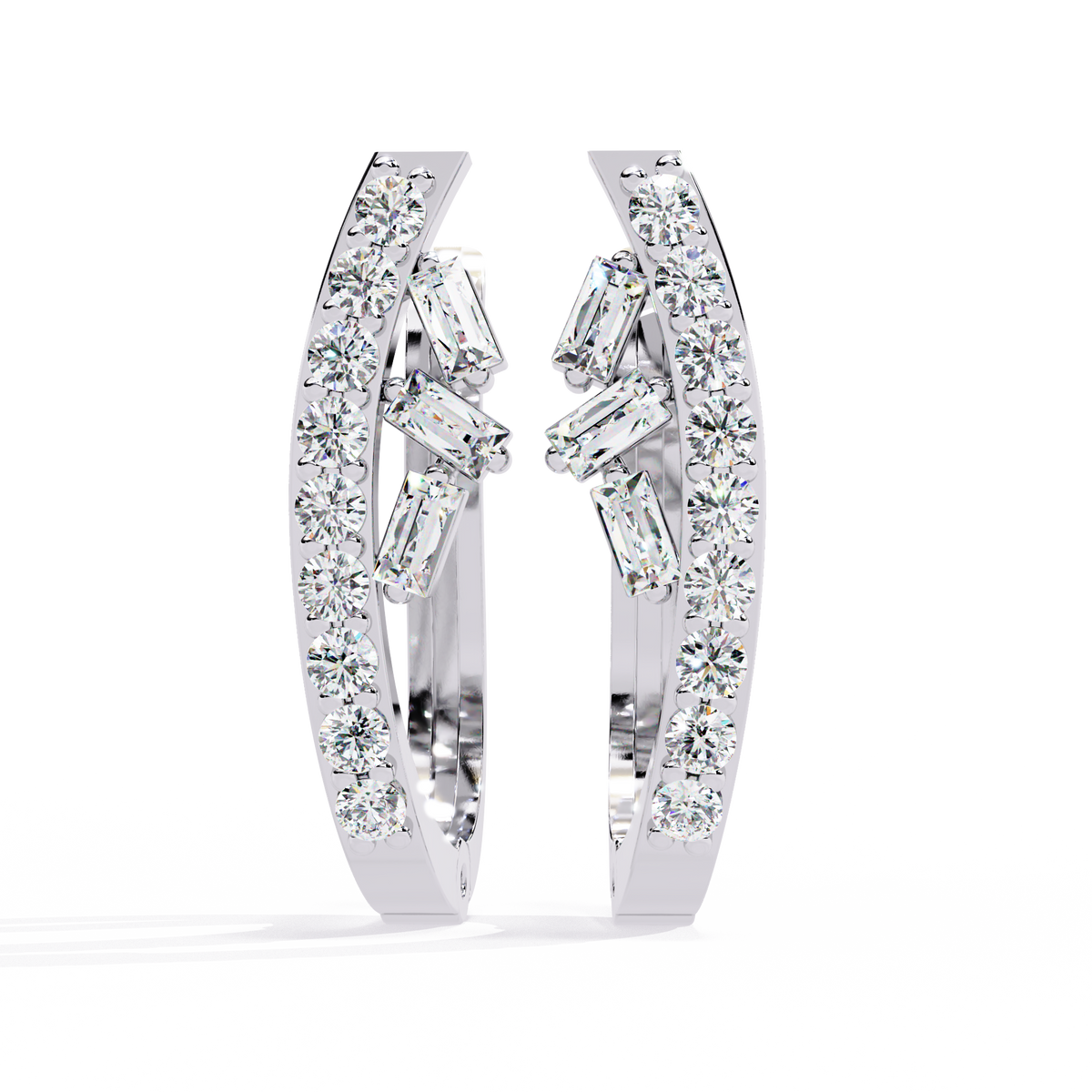Sparkling Moissanite Diamond Studs Baguette and Round Diamond Curved Hoop Earrings - View 3