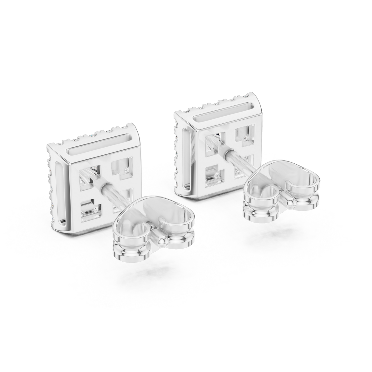Royal Square Princess Lab Diamond Stud Earrings with Halo Round Diamond - View 10