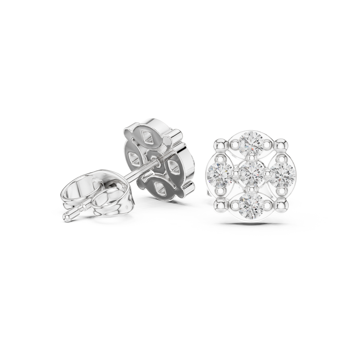 Geometric Round Moissanite Diamond Cluster Stud Earrings with Modern Floral Symmetry - View 7