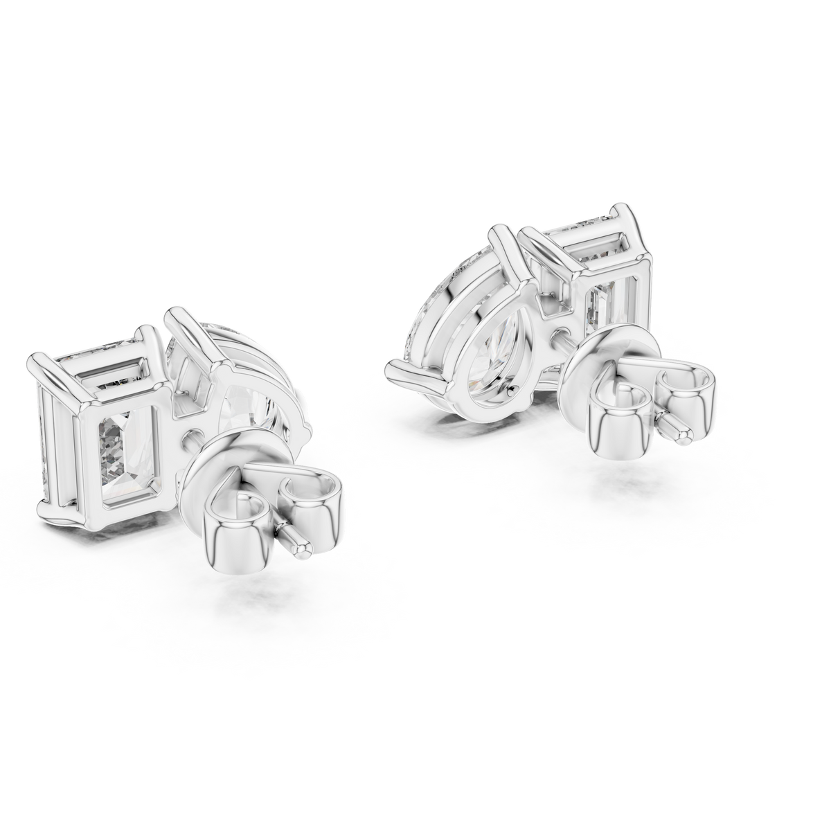Modern Lab Diamond Stud Earrings Featuring Emerald Cut and Pear Cut Duo - View 10