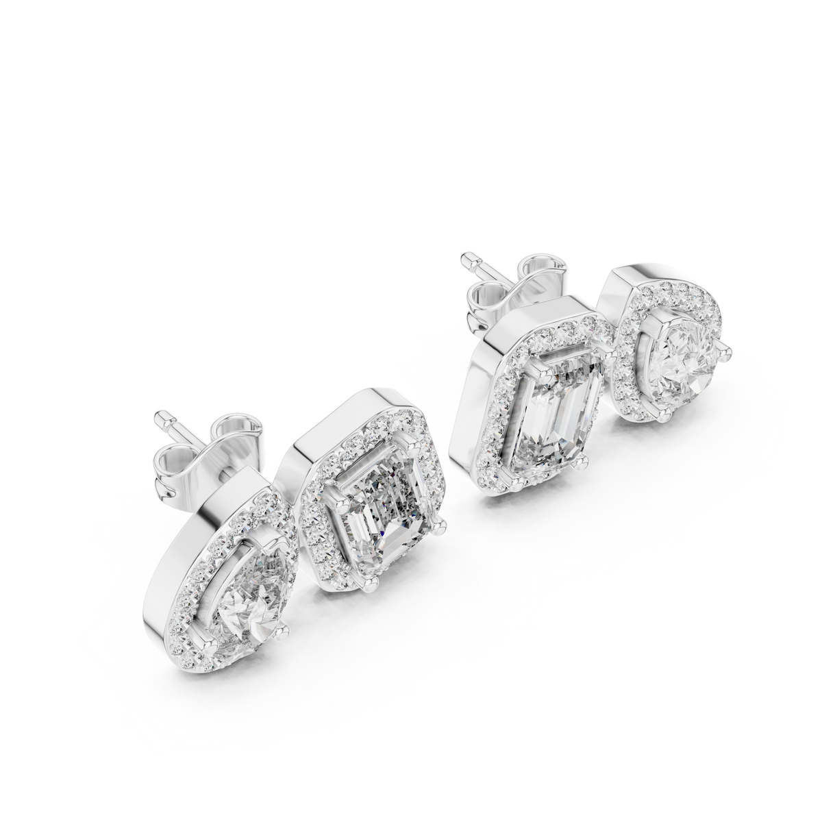 Pear And Emerald Lab Diamond Cluster Earrings Two Stone Halo Studs - View 4