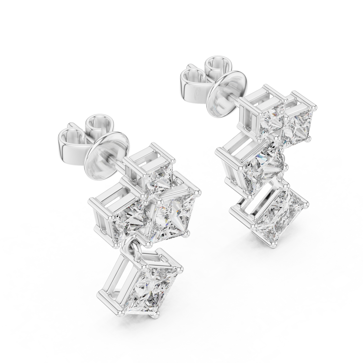 Radiant Prism Princess Cut Moissanite Diamond Drop Earrings With Cluster Accent - View 4