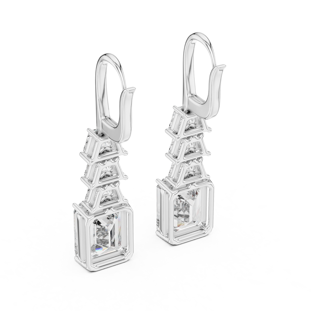 Tiered Step Emerald Cut Lab Diamond Drop Earrings Graduated Pyramid Design - View 7