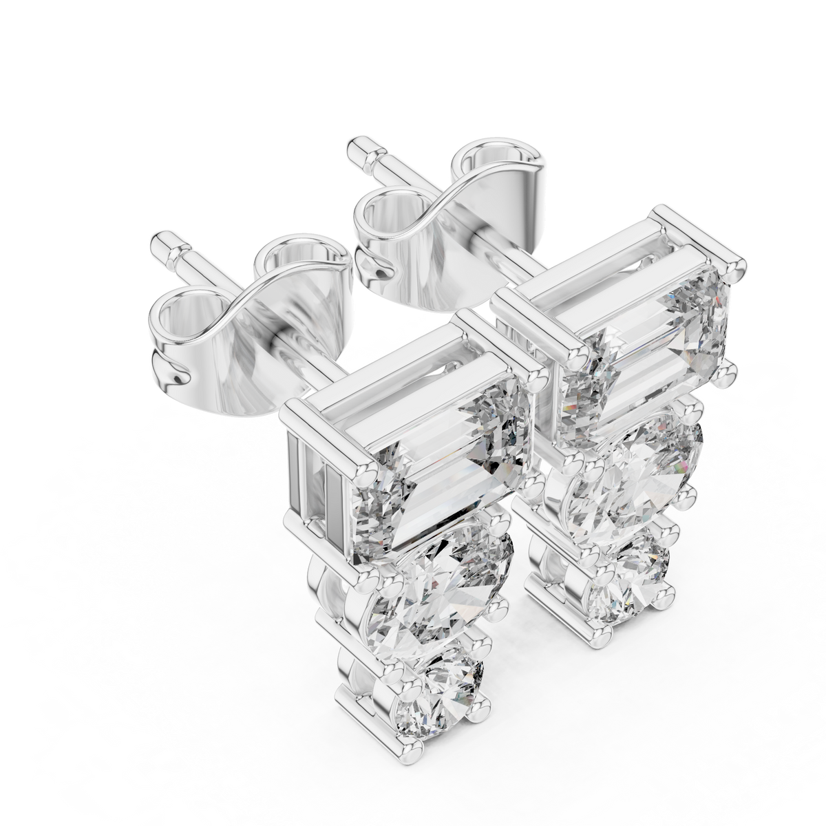 Graduated Three Stone Emerald Oval And Round Moissanite Diamond Drop Earrings Linear Studs - View 4
