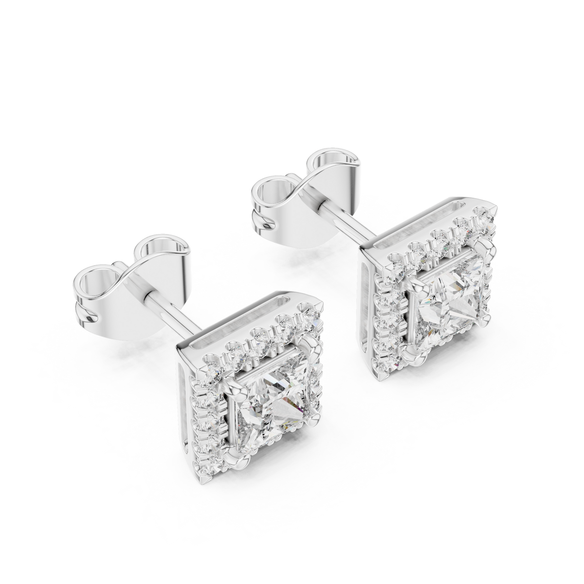 Royal Square Princess Moissanite Diamond Stud Earrings with Halo Round Diamond - View 7