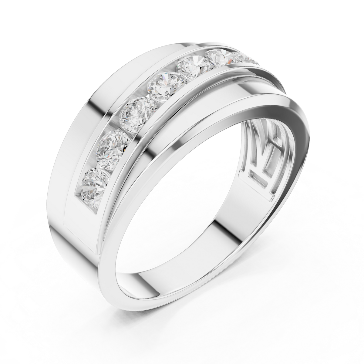 Round Cut Moissanite Diamond Men's Curved Swirl Channel Set Gold Band - View 6