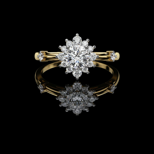 Round Moissanite Diamond Floral Halo Engagement Ring with Diamond Accents