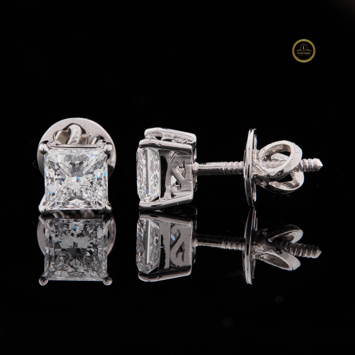 Premium Princess Cut Lab Diamond Stud Earrings in Polished White Gold Brilliant Solitaire Design - View 2