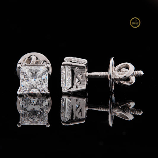 Premium Princess Cut Lab Diamond Stud Earrings in Polished White Gold Brilliant Solitaire Design - View 2