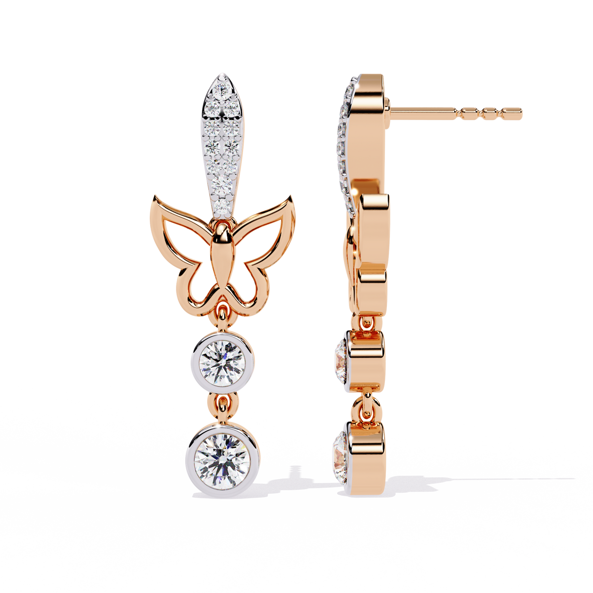 Elegant Butterfly Lab Grown Diamond Drop Earrings with Pave Accents and Bezel Set Round Diamonds - View 5