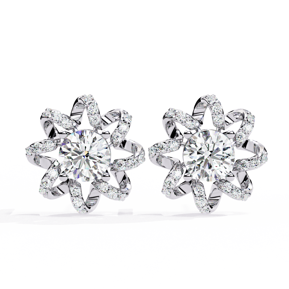 Elegant Floral Halo Stud Moissanite Earrings Featuring Round Cut Center Stones and Pave Crystal Petals - View 3