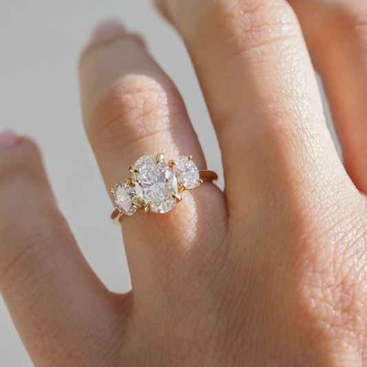 Oval Three Stone Lab Diamond Ring With Oval Side Stones - View 2