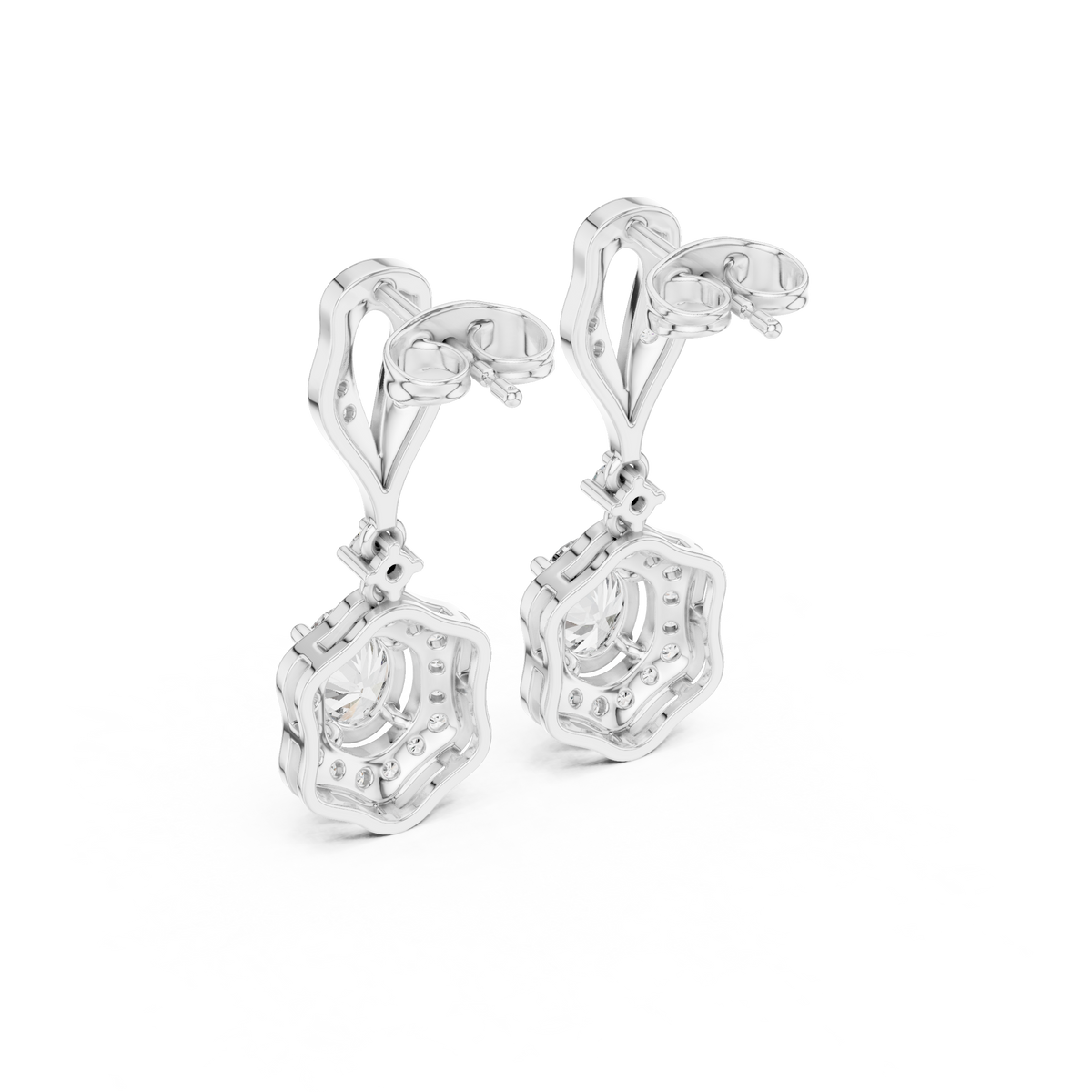 Vintage Art Deco Drop Lab Grown Diamond Hexagonal Halo Earrings - View 11