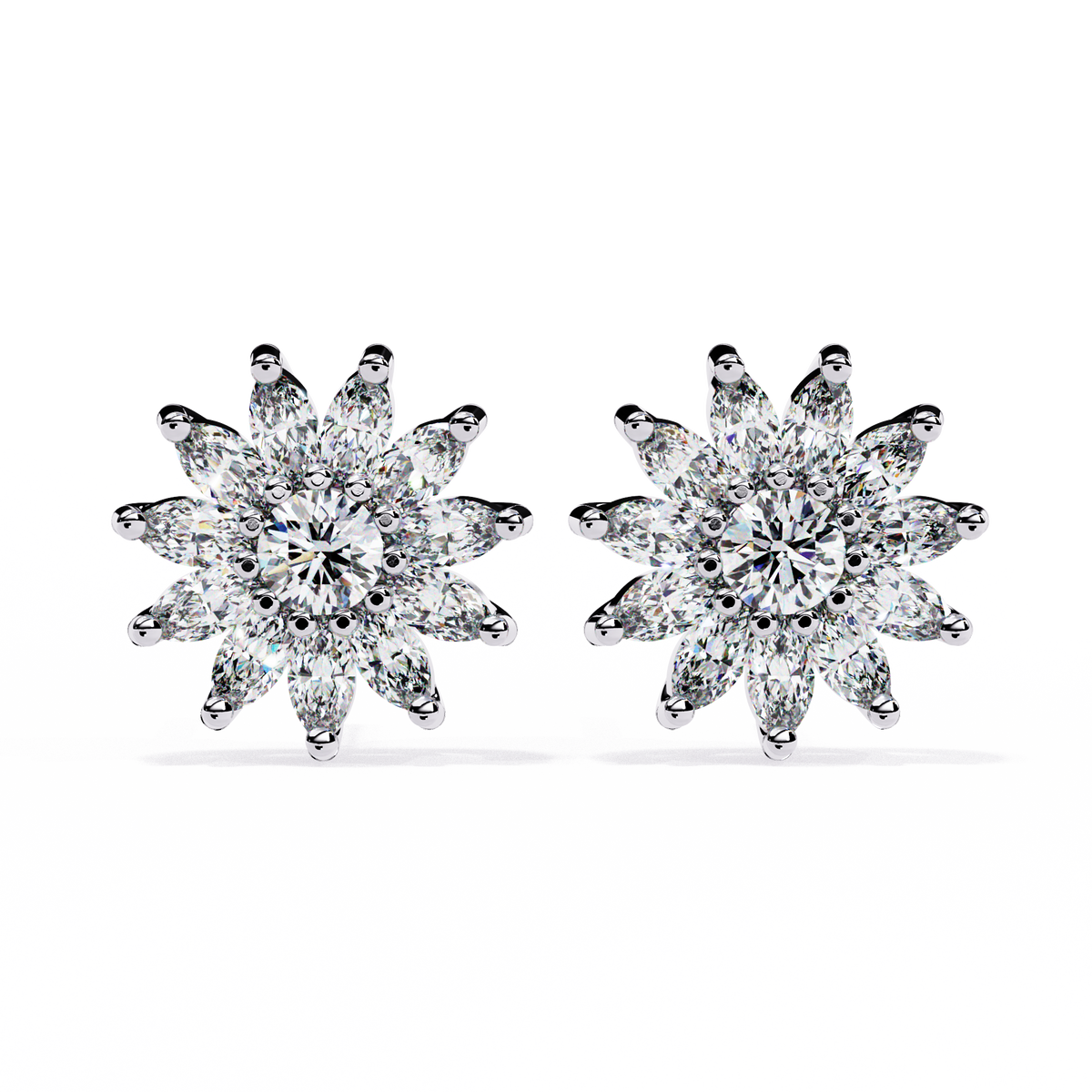Floral Lab Diamond Marquise Cluster Stud Earrings with Round Center - View 3