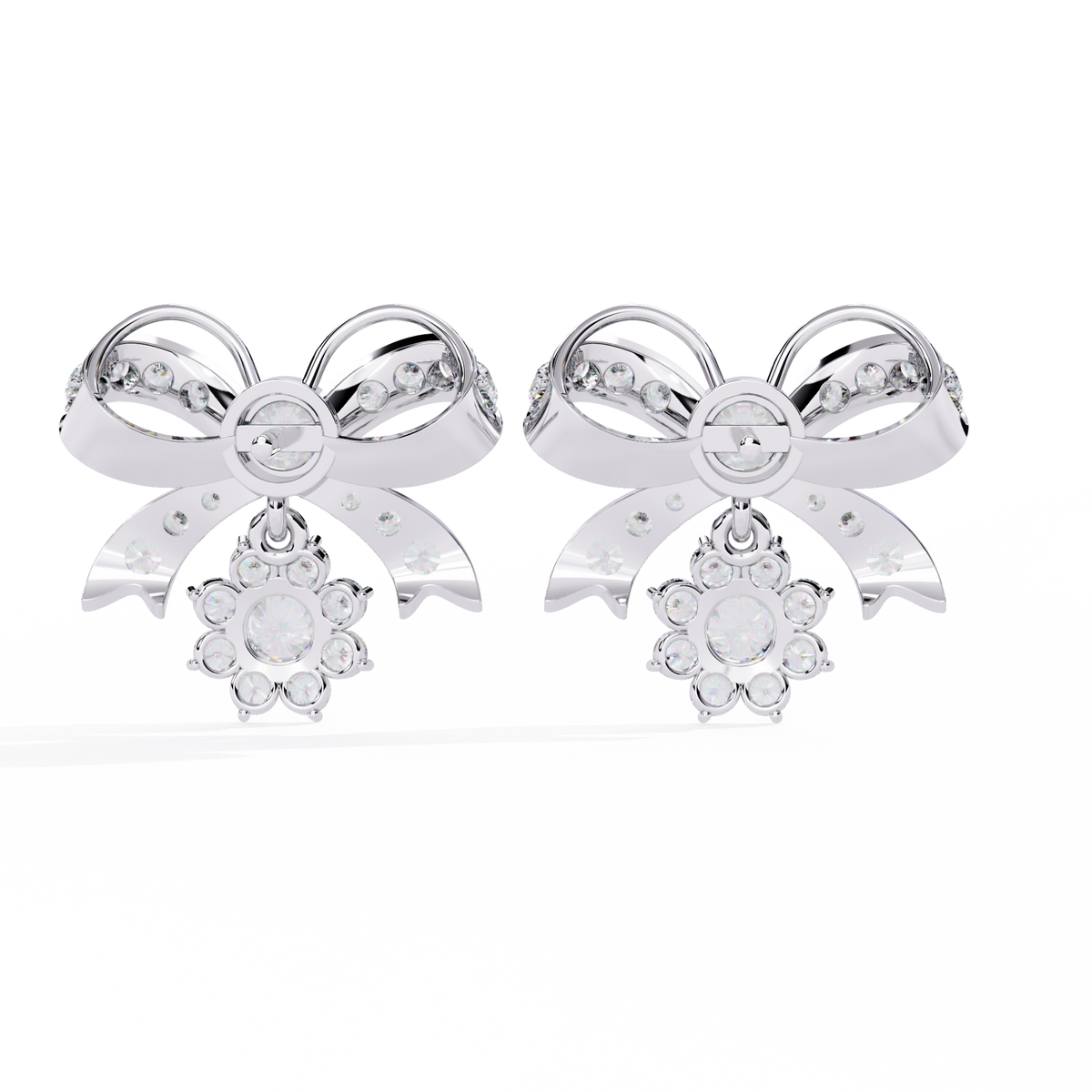 Unique Moissanite Round Diamond Bow Drop Earrings with Dazzling Pave Detailing and Sparkling Floral Charm - View 8