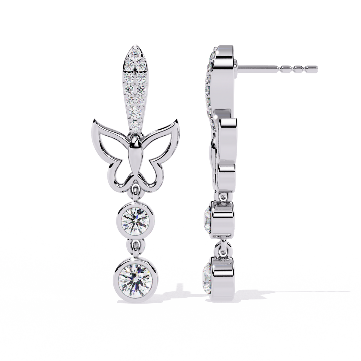 Elegant Butterfly Lab Grown Diamond Drop Earrings with Pave Accents and Bezel Set Round Diamonds - View 6