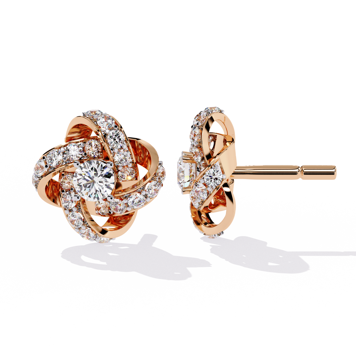 Intricate Floral Swirl Round Cut Lab Diamond Stud Earrings in Luxurious Gold Setting - View 5