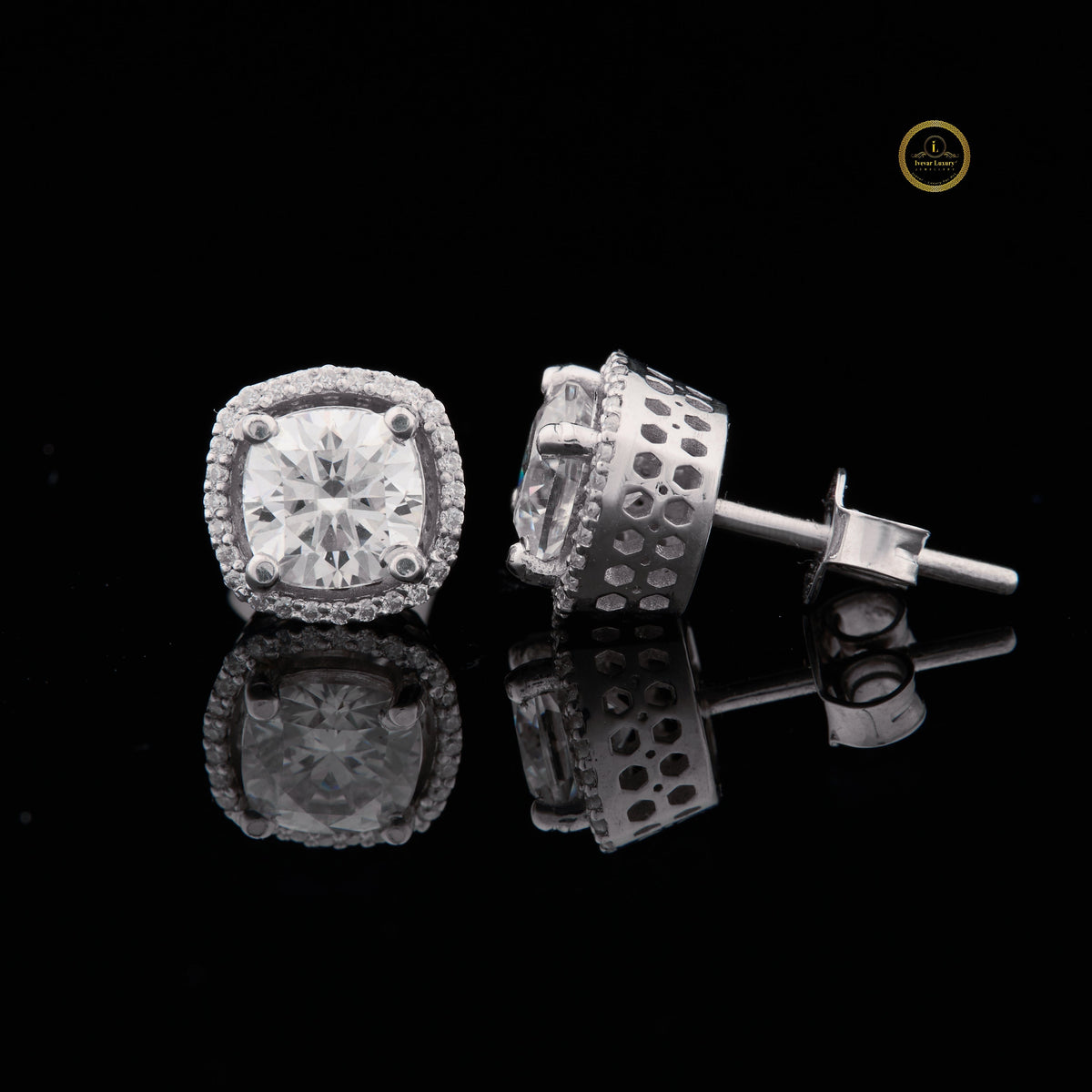 Classic & Timeless Luxury Cushion Cut Halo Diamond Stud Moissanite Earrings in White Gold - View 2