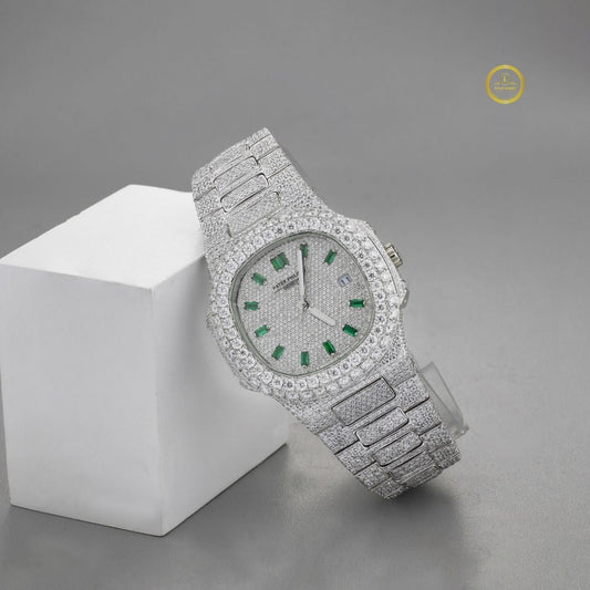 Iced Round Vision Lab Grown Diamond Watch – Fully Custom Luxury Timepiece with Emerald Green Accents Hour Markers and Pave Setting by Ivevar