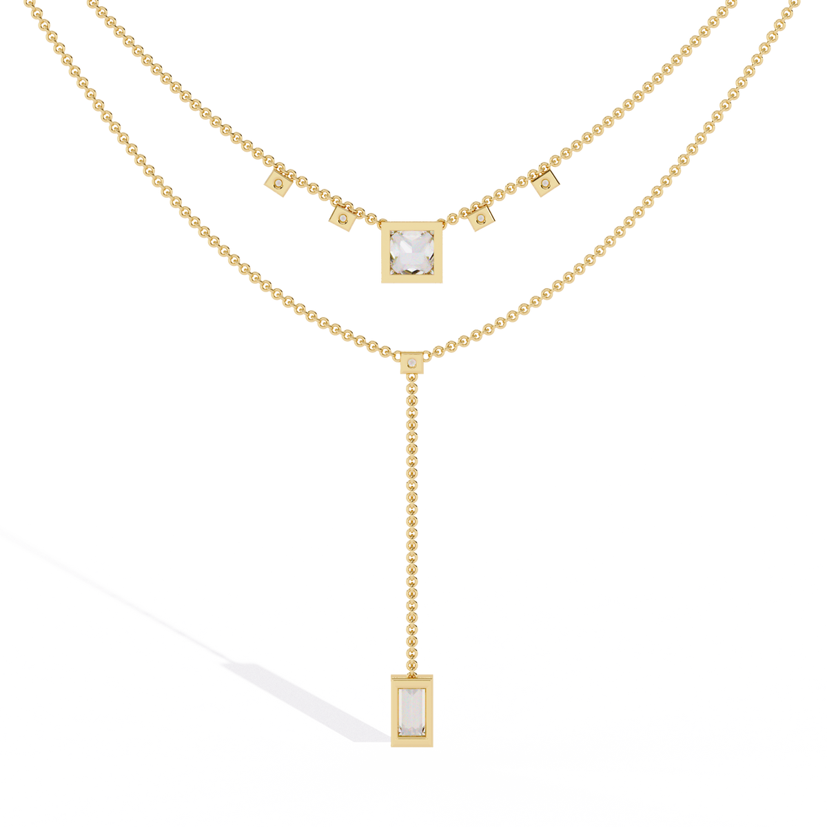 Two Layered Princess and Baguette Moissanite Diamond Lariat Necklace - View 10