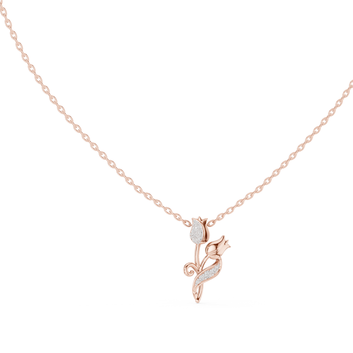 Dainty Twin Tulip Flower Round Lab Grown Diamond Accent Pendant - View 2