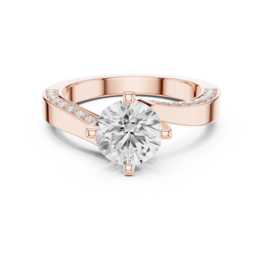 Round Cut Lab Diamond Pave Solitaire Engagement Ring with Twisted Band - View 2