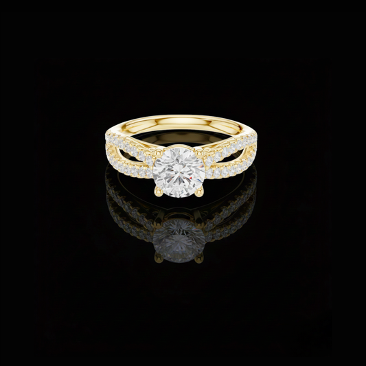 Round Cut Moissanite Diamond Pave Split Shank Engagement Ring