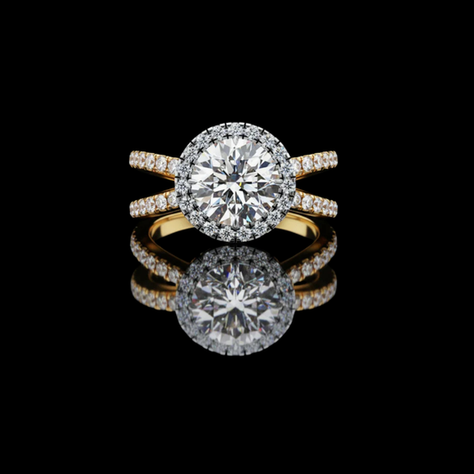 Round Brilliant Halo Moissanite Diamond Split Shank Ring