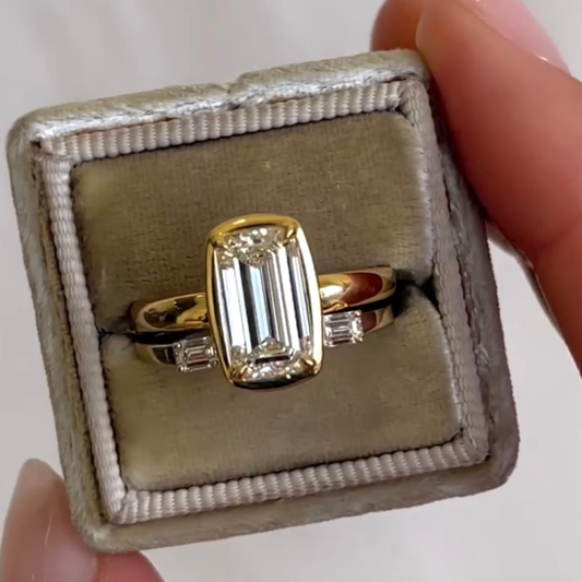 Baguette Lab Diamond Bridal Ring with Emerald Side Stones - View 2