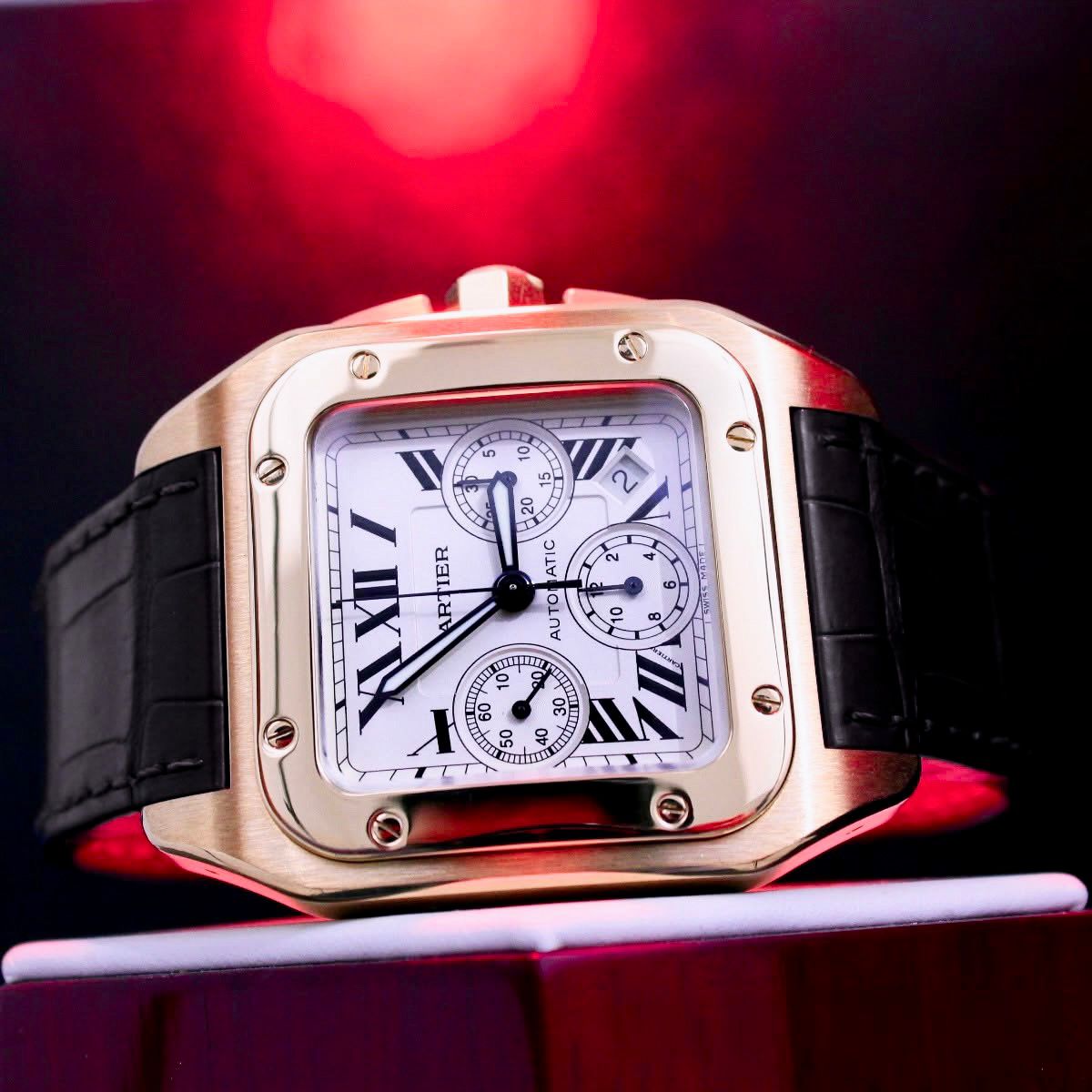 Square Chronograph Rose Tone Leather Strap Dress Watch - View 2