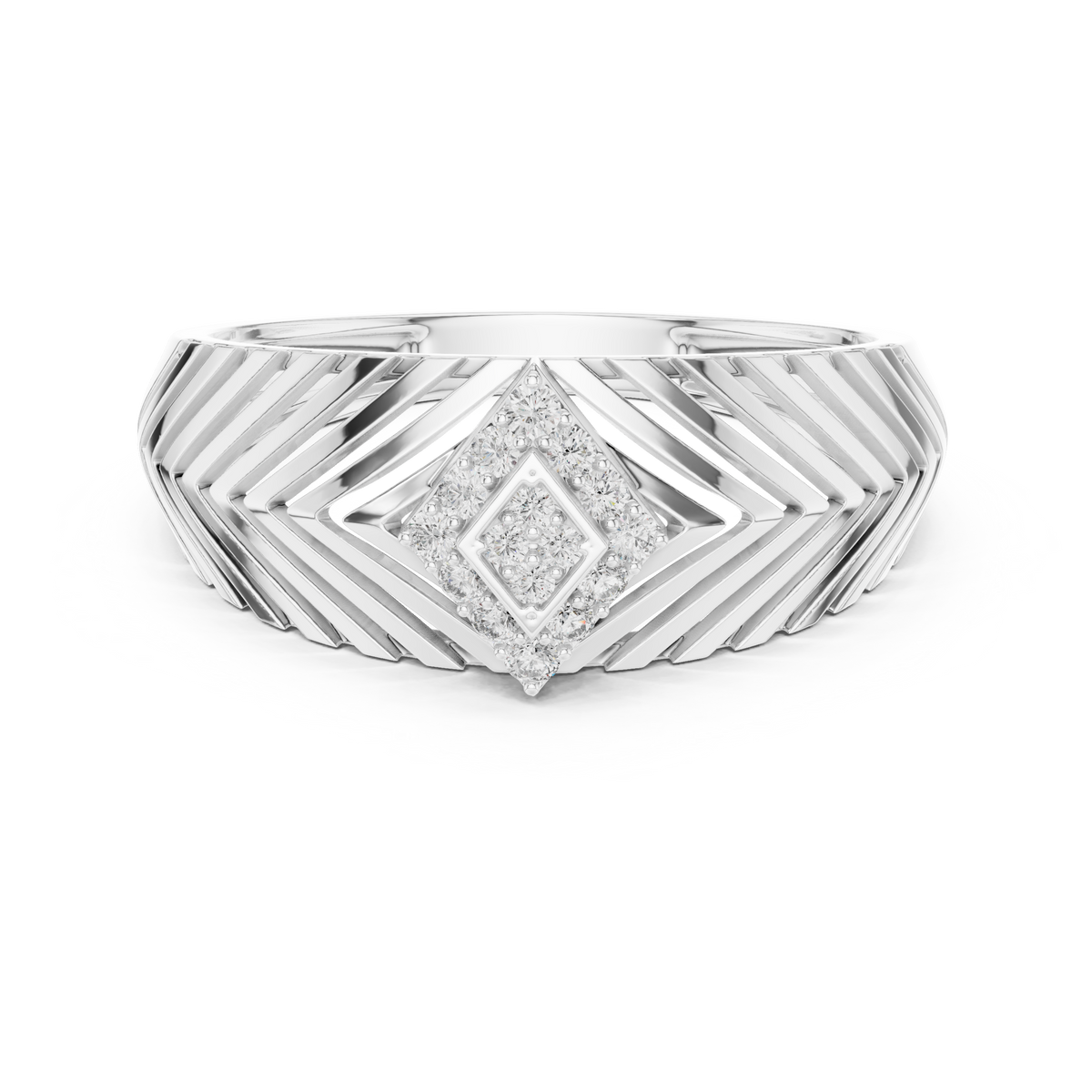 Round Moissanite Diamond Pavé Chevron Statement Ring - View 3