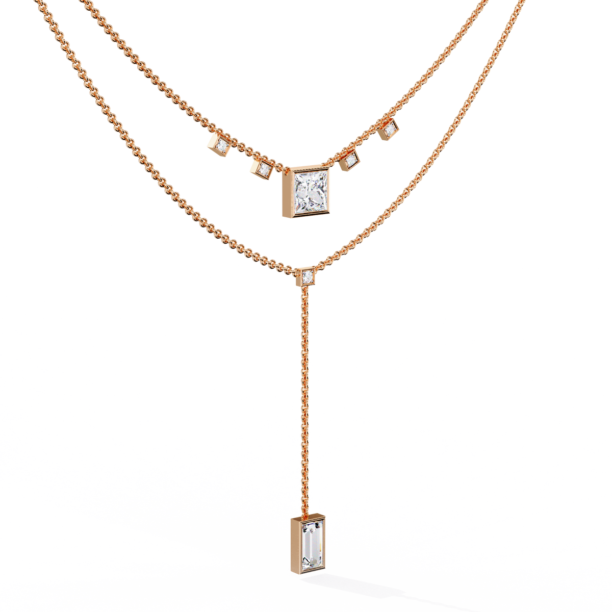 Two Layered Princess and Baguette Moissanite Diamond Lariat Necklace - View 3