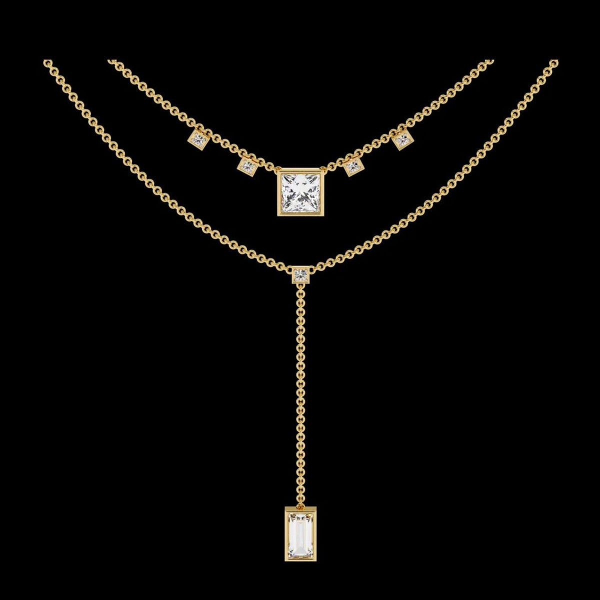 Two Layered Princess and Baguette Moissanite Diamond Lariat Necklace