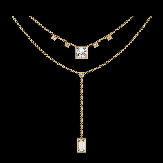 Two Layered Princess and Baguette Moissanite Diamond Lariat Necklace
