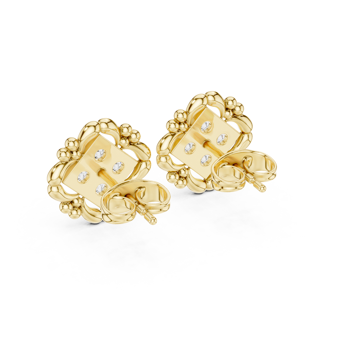 Sculpted Ornate Round Lab Diamond Stud Earrings with Floral Beaded Frame - View 7