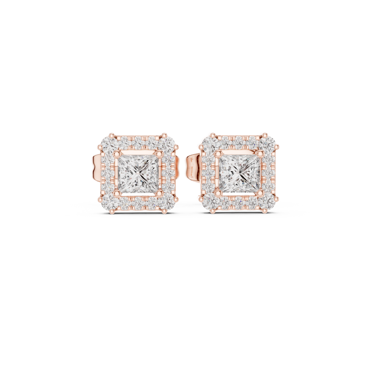 Princess Cut Lab Grown Diamond Square Halo Stud Earring - View 2