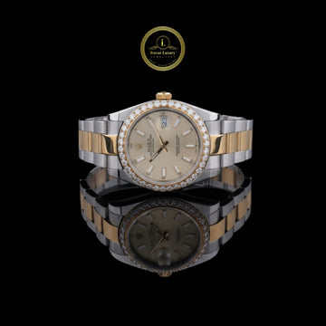 Elegant Two-Tone Stainless Steel and Gold Luxury Watch with Moissanite Diamond Bezel, Champagne Dial, and Date Display