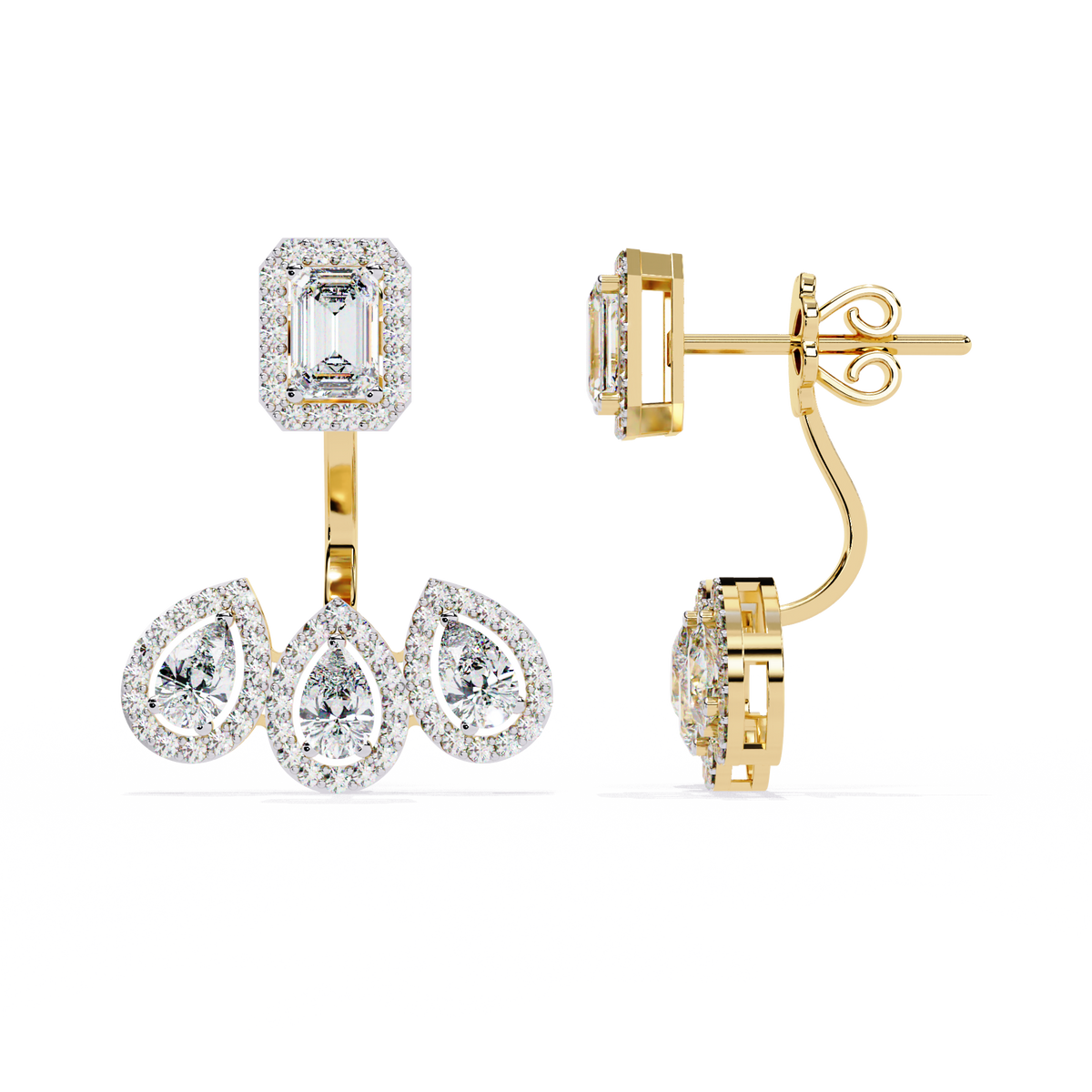 Emerald and Pear Cut Lab Diamond Halo Drop Earrings in Gold And Silver For Mother's Special - View 4