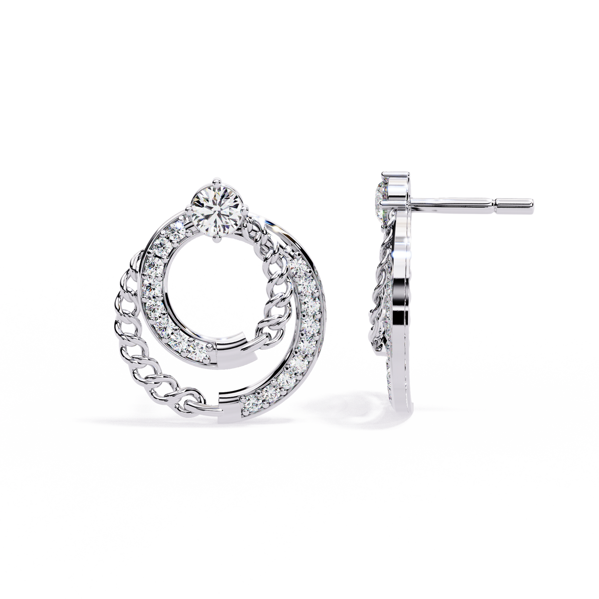 Double Circle Lab Diamond Round Stud Earrings with Pavé Chain Detail - View 5