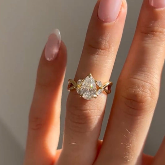 Nature Inspired Split Shank Pear Cut Lab Diamond Engagement Ring - View 2