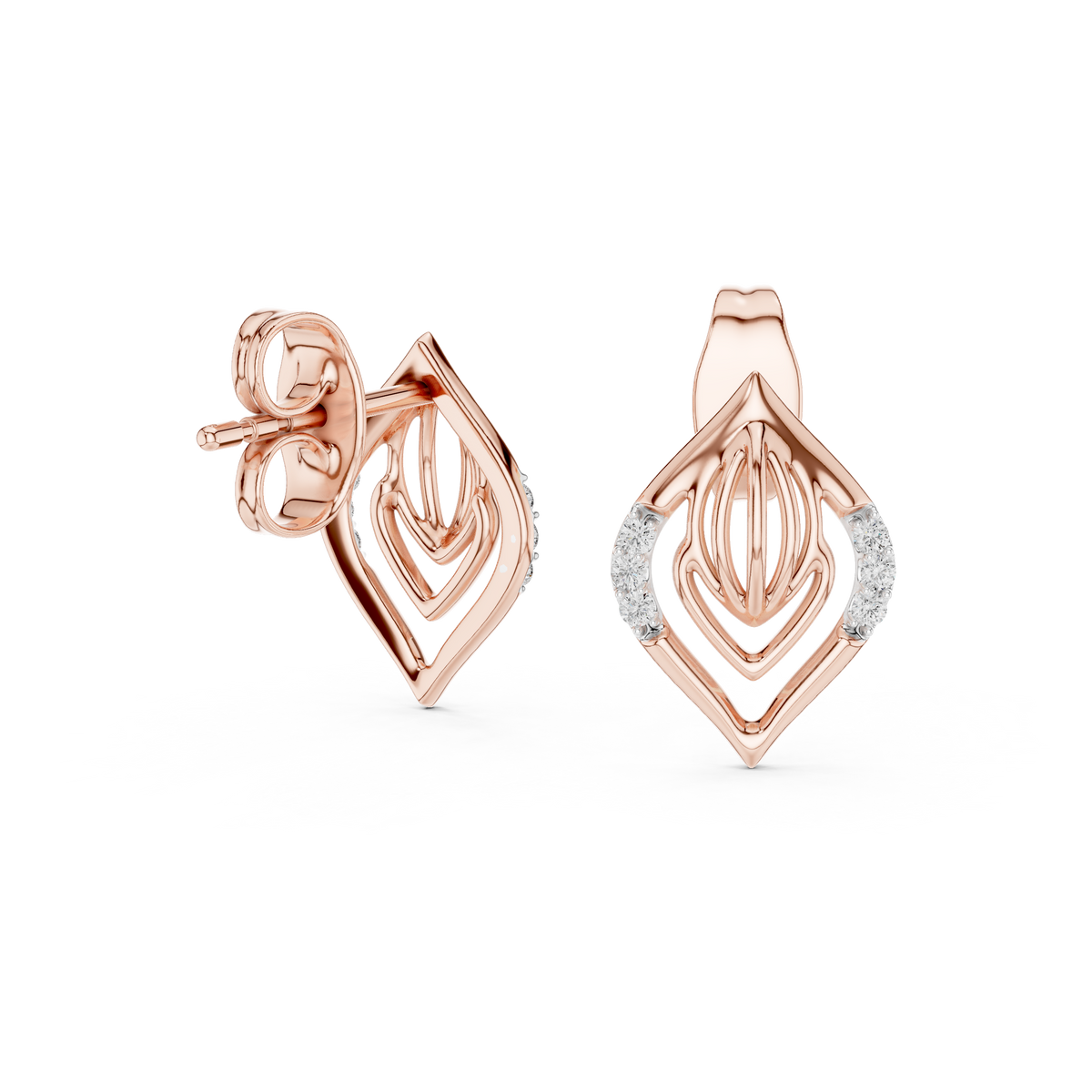 Layered Leaf Round Moissanite Diamond Geometric Stud Earrings with Pavé Detail - View 8