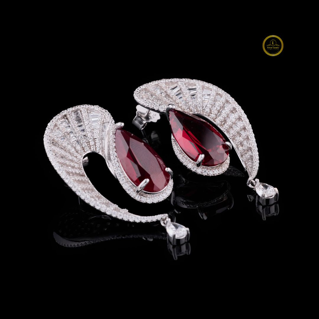Swirl Red Gemstone Pear Drop Earrings with Pavé Moissanite Diamond Accents - View 4