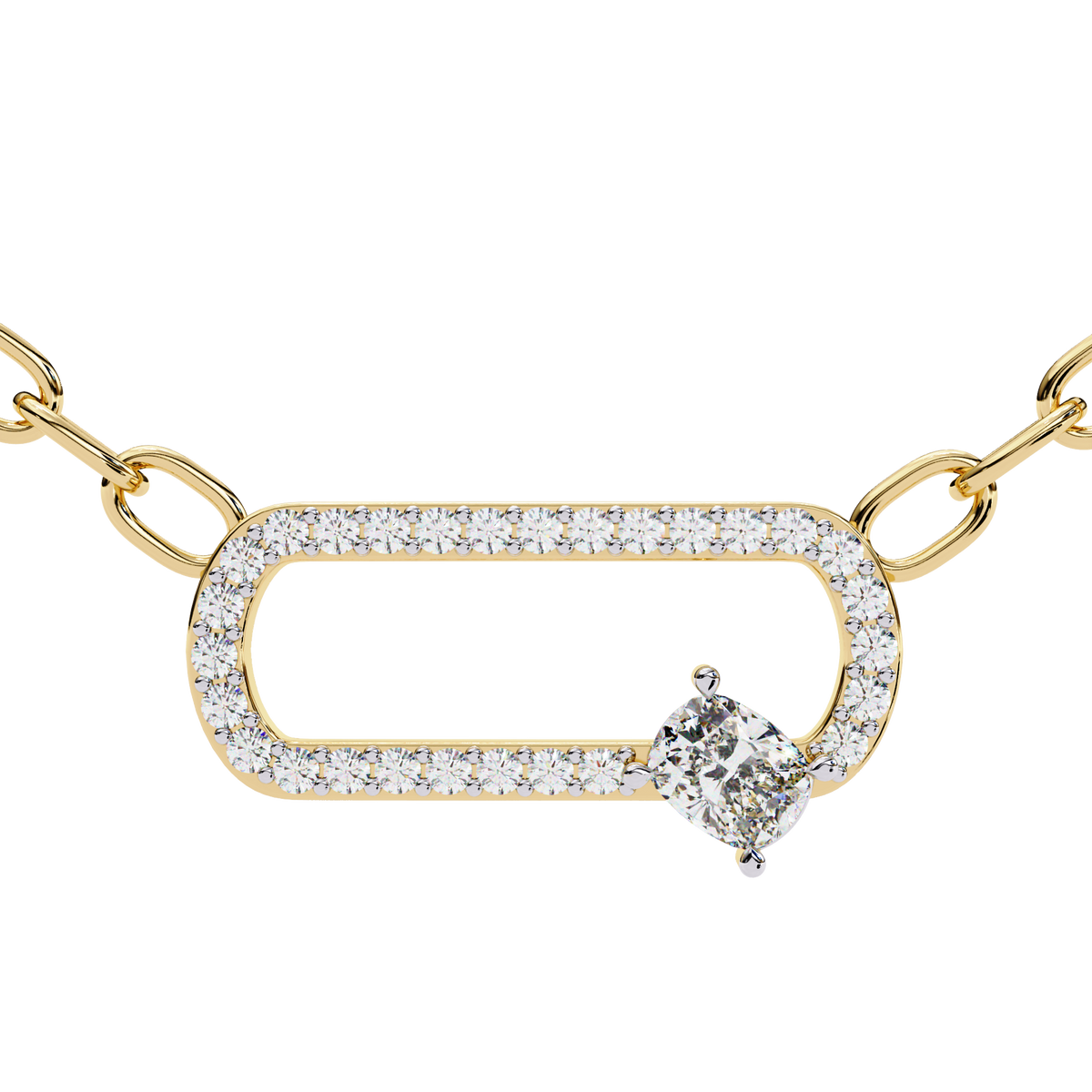 Openwork Pave Oval Link Off Center Cushion Lab Grown Diamond Pendant - View 2