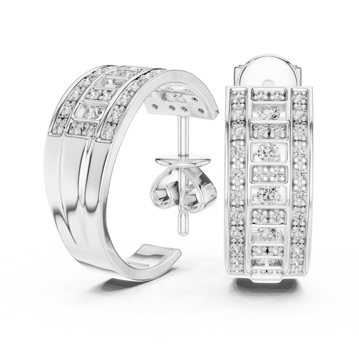 Round Moissanite Diamond Geometric Grid C Hoop Earrings with Micro Pavé Rows - View 9